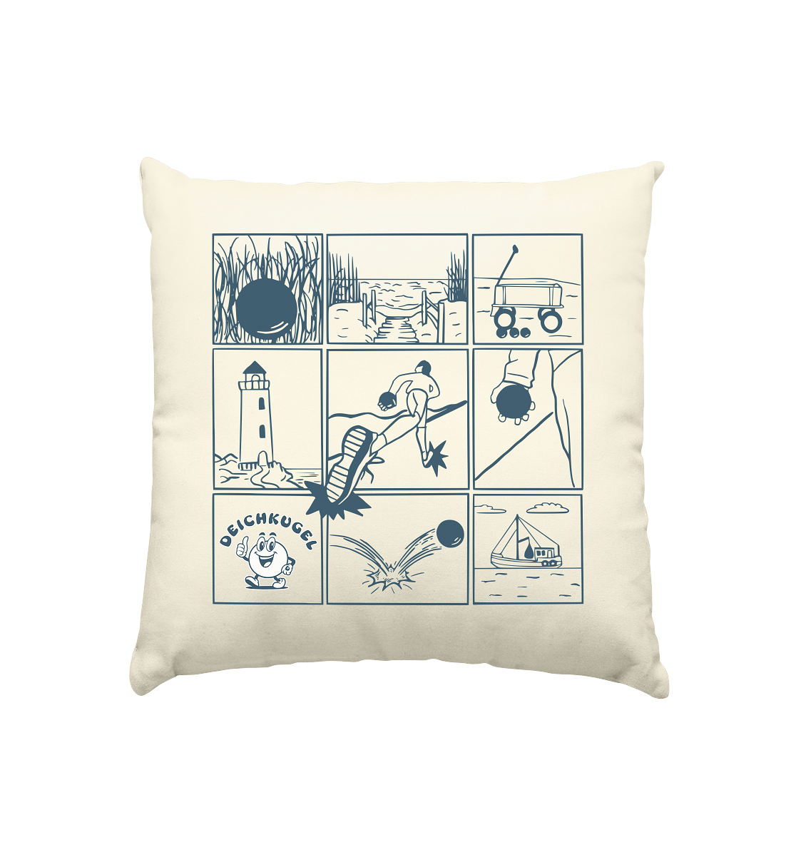 Bosseln Pictogramm blau - Kissen natur 40x40cm